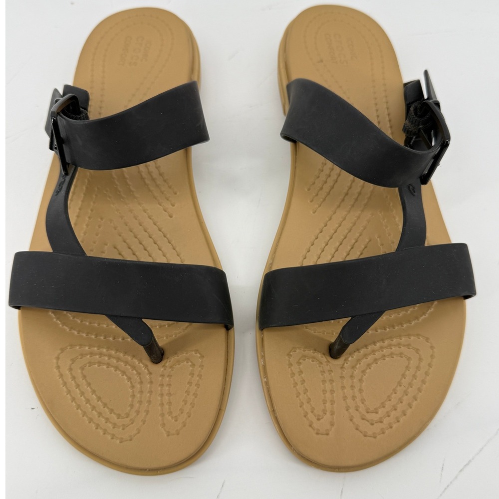 Crocs Tulum Toe Post Toe Sandal Black Tan Women 8 Strappy Slip On Flip Flop - Picture 3 of 9